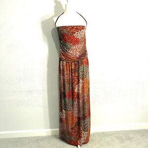 Rich RED Paisley Knit Maxi Dress, Size L, Back of neck Tie, Elastic Waist/Bodice